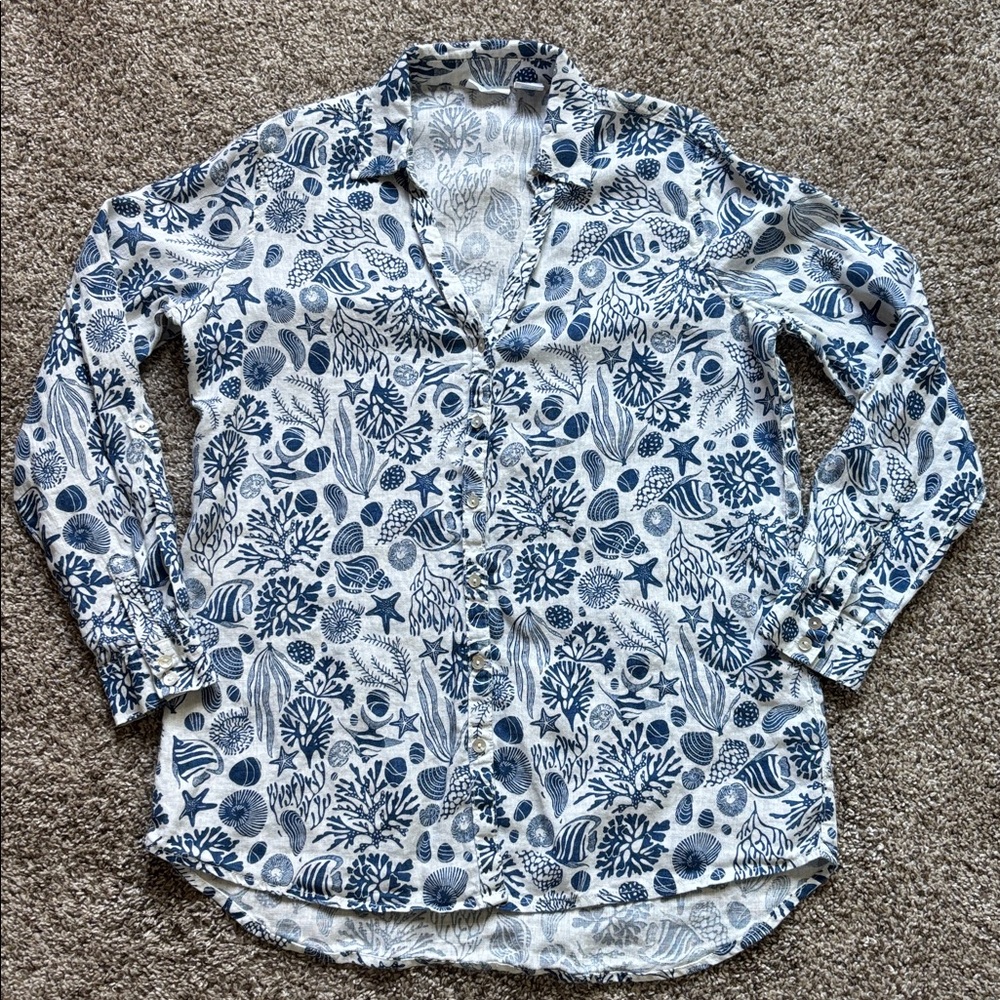Women’s 100% Linen Beach Coral Reef Print Button Down Shirt Size S